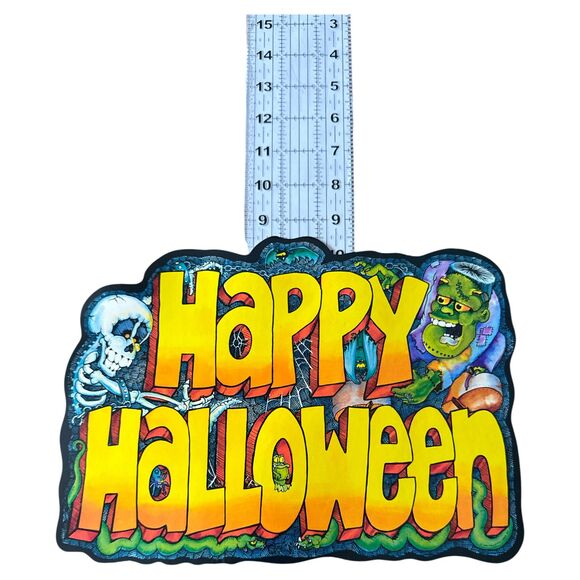 Vintage Halloween HAPPY HALLOWEEN Sign Die-Cut Skeleton Monster 13"x9" - Picture 3 of 5